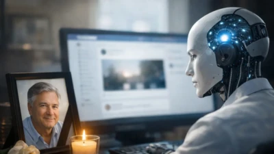 Humanoid AI operating a computer beside memorial photo and candle, symbolizing AI to keep social media active after users die