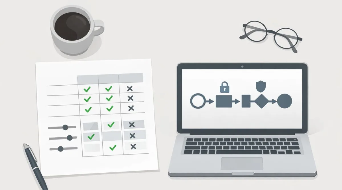 Minimal editorial illustration of a decision-making desk with a comparison sheet, abstract UI controls, and a laptop showing a secure workflow diagram.