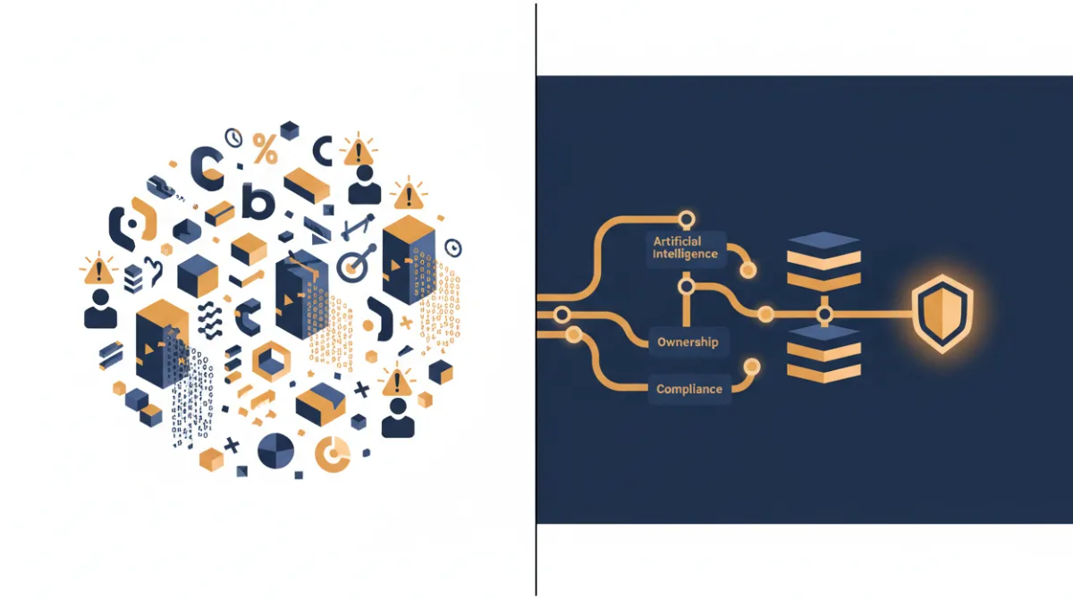 Split illustration comparing fragmented AI tool sprawl with no governance versus a unified structured AI governance pipeline with clear ownership