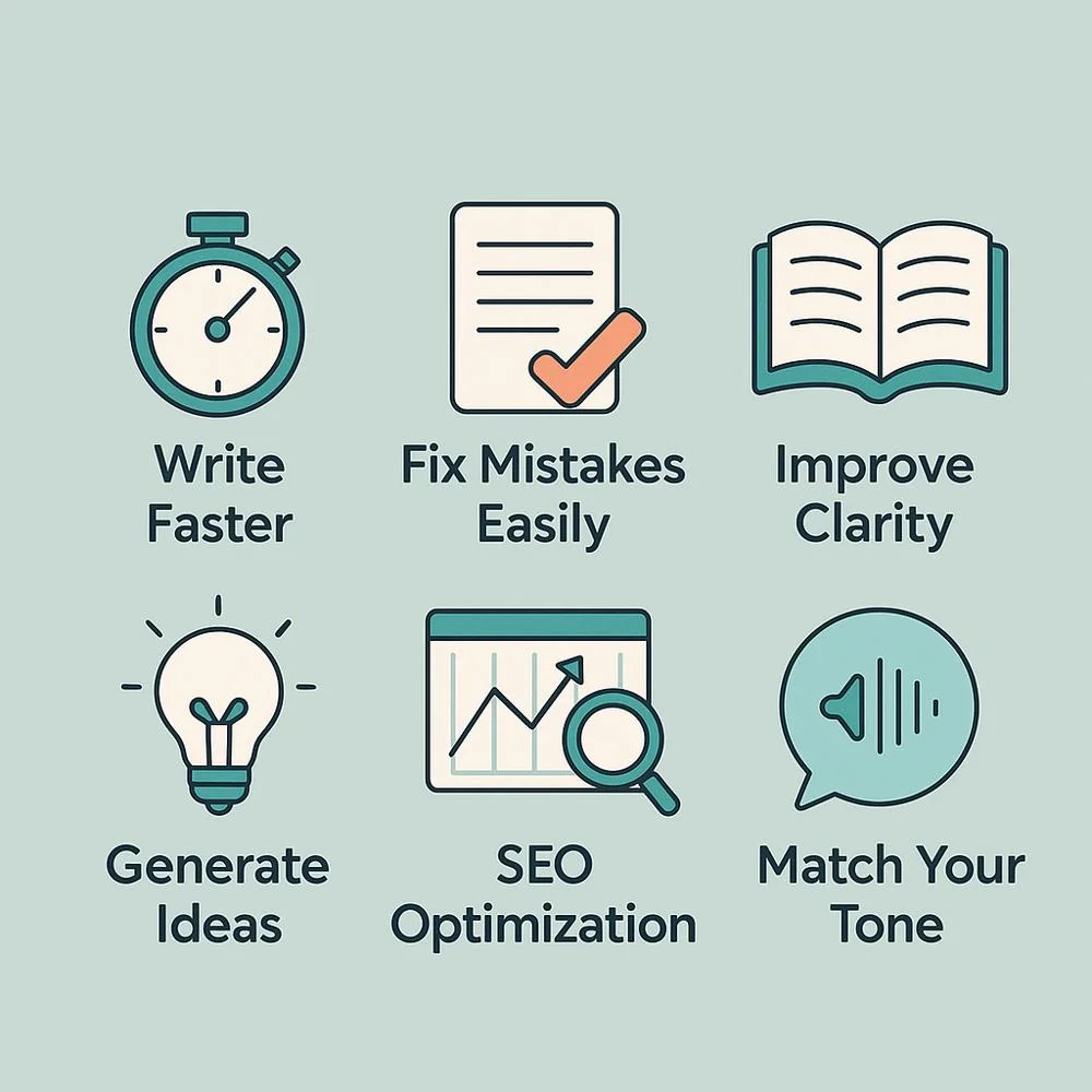 Infographic showing six benefits of using AI writing apps with icons and short bold text.