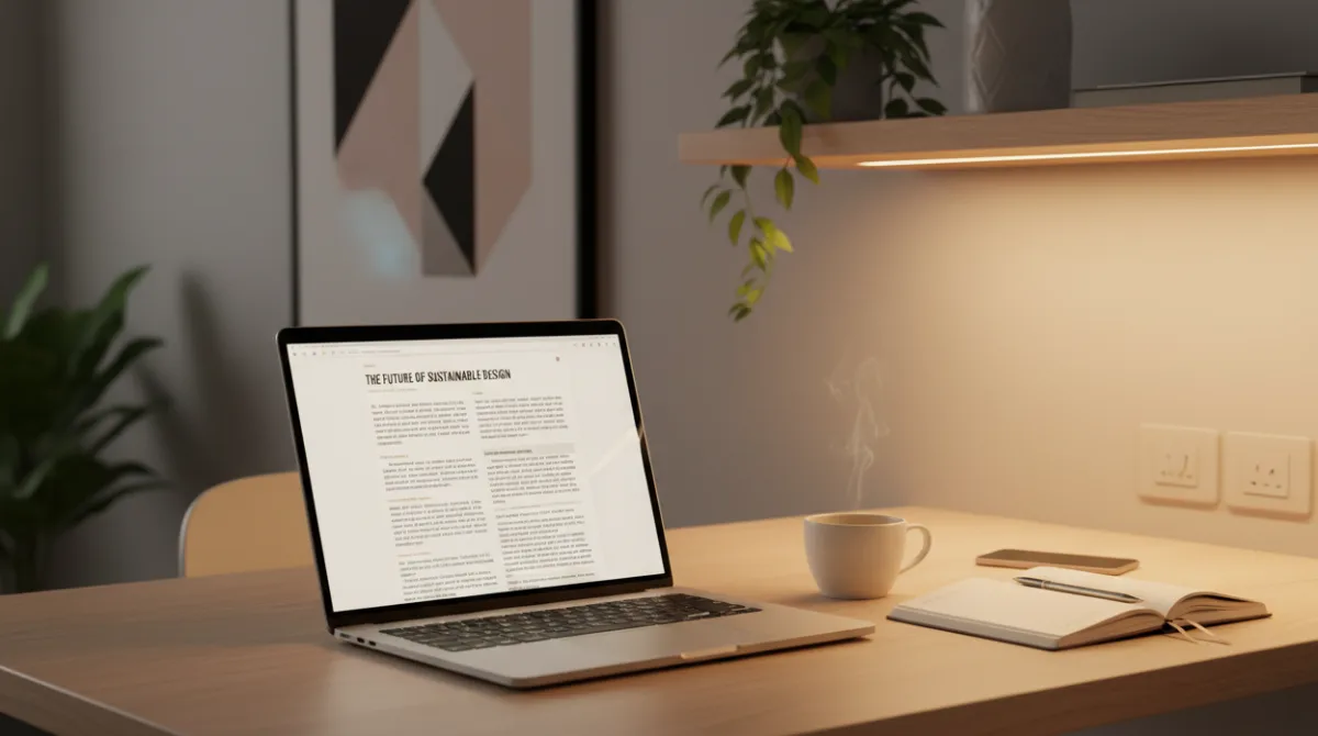 A modern writing workspace with a laptop displaying a structured long-form article draft, representing AI-assisted writing quality and tone consistency