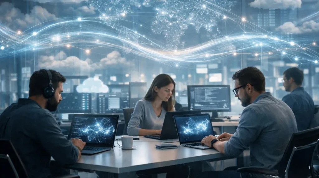 Developers working with cloud-based AI systems as abstract data networks and global connections illustrate the large-scale adoption of Alibaba Cloud Qwen AI models after reaching 700 million downloads.