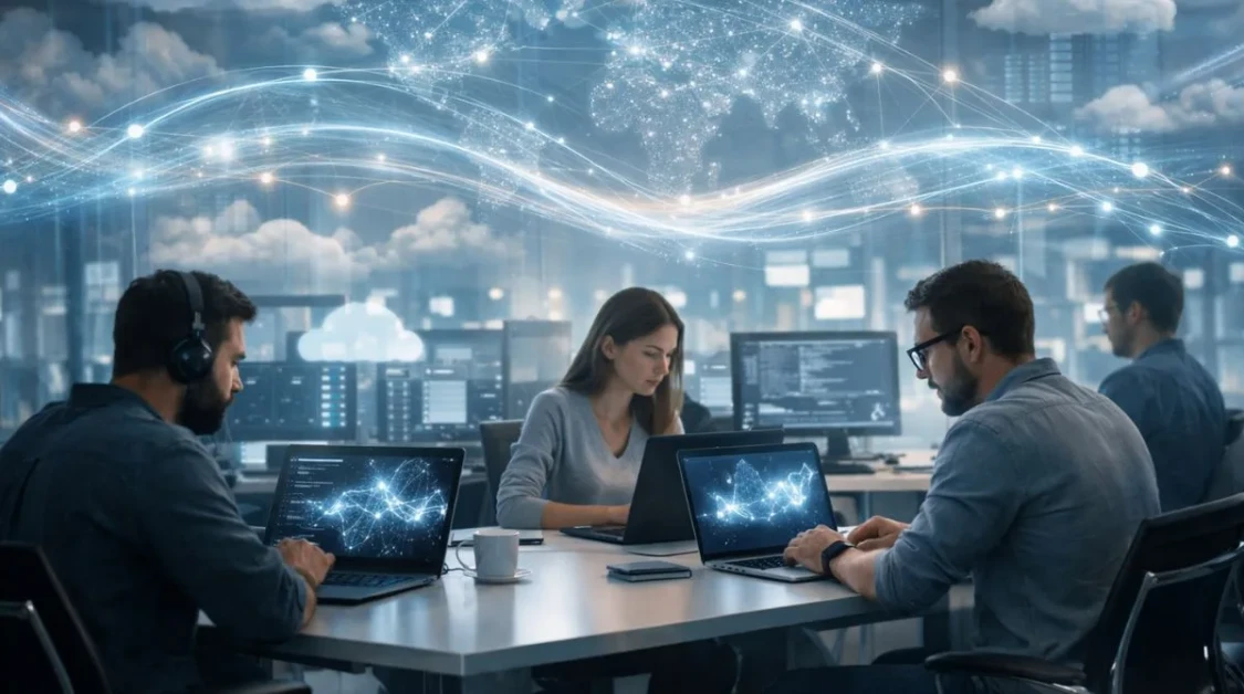 Developers working with cloud-based AI systems as abstract data networks and global connections illustrate the large-scale adoption of Alibaba Cloud Qwen AI models after reaching 700 million downloads.