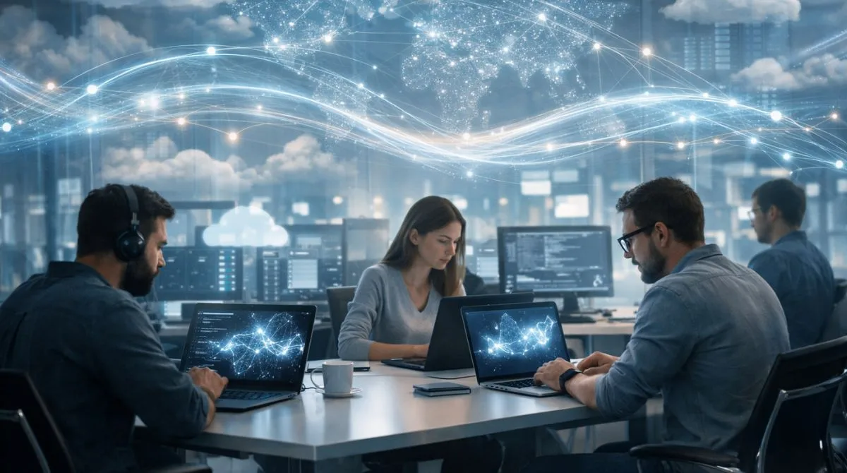 Developers working with cloud-based AI systems as abstract data networks and global connections illustrate the large-scale adoption of Alibaba Cloud Qwen AI models after reaching 700 million downloads.