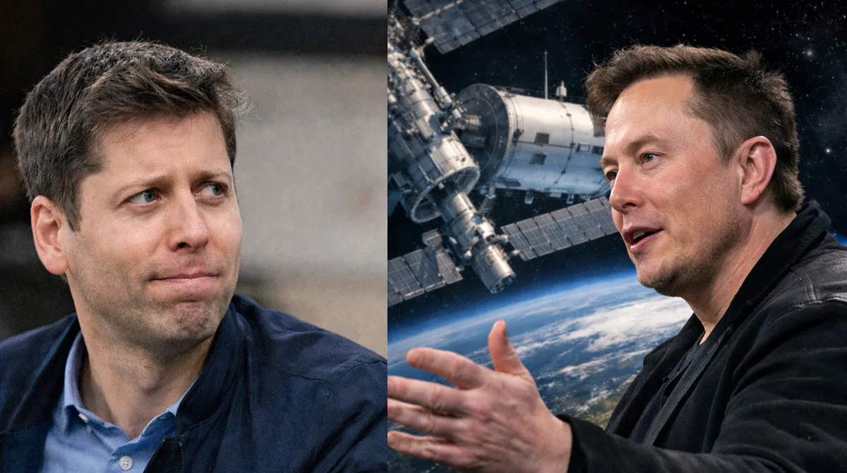 Sam Altman reacts skeptically as Elon Musk gestures beside an orbital data center concept above Earth.