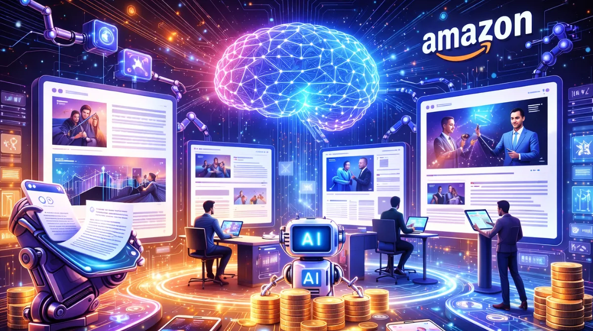 AI-powered digital marketplace illustrating Amazon’s plan to connect publishers with artificial intelligence content tools and monetization systems