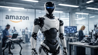 Humanoid robot standing inside a modern robotics lab with engineers and advanced machines in the background