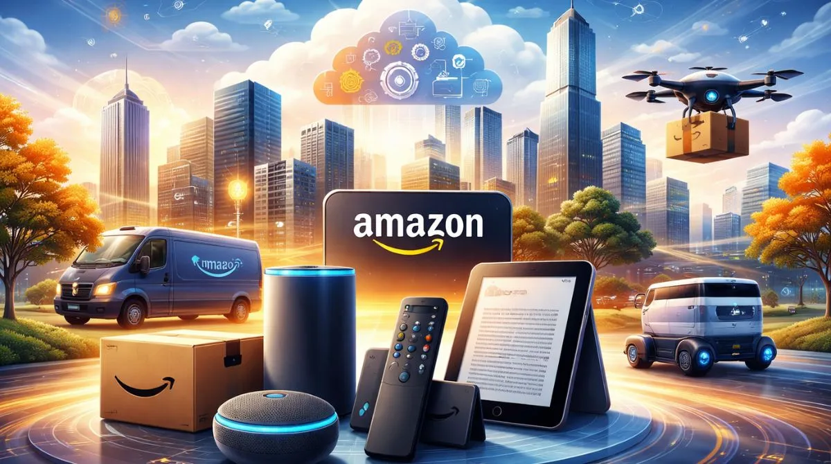 Futuristic illustration showing Amazon ecosystem with smart devices, cloud infrastructure, and next-generation delivery technology in a modern city setting