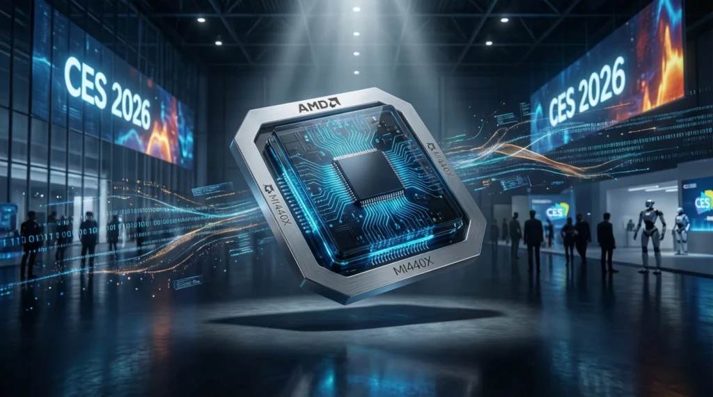 AMD MI440X next-generation AI accelerator showcased at CES 2026 inside a futuristic exhibition hall