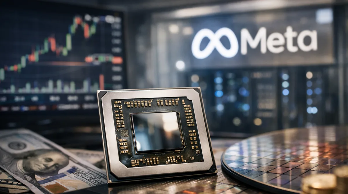 Close-up of AI semiconductor chip on circuit board with stock market chart and Meta office background