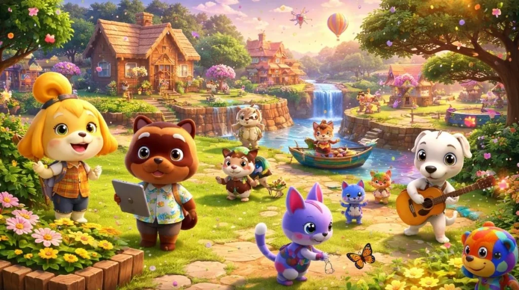 Colorful Animal Crossing island scene showcasing enhanced lighting, smoother visuals, and lively characters after the 3.0 update