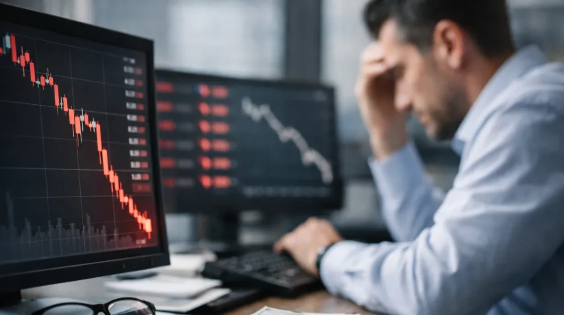 Trader studies sharply falling stock chart on multiple monitors during major software sector selloff