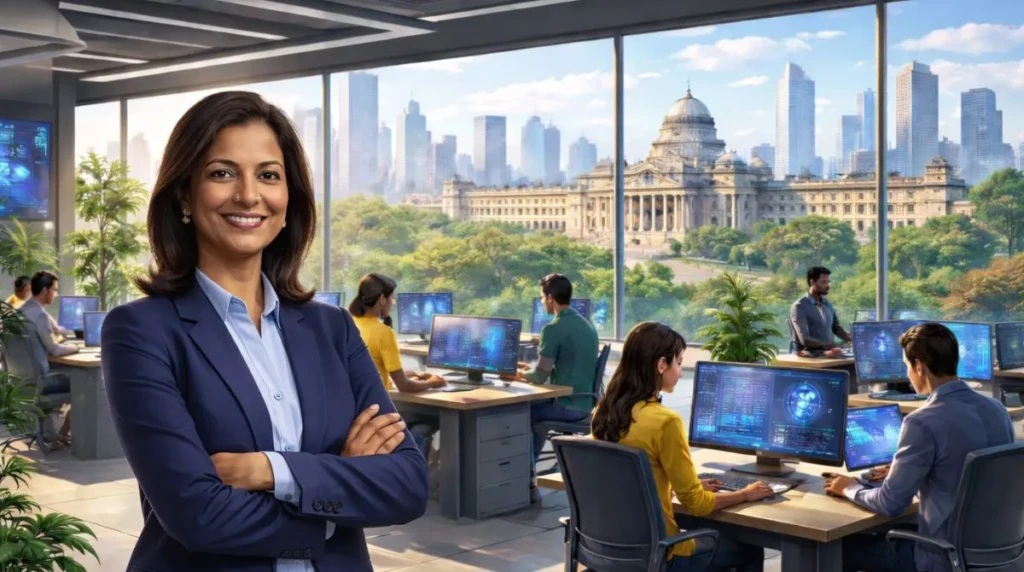 Anthropic Bengaluru expansion: Professional female executive standing in a modern Bengaluru tech office with city skyline and AI teams working in the background