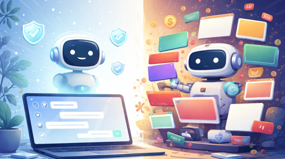 Split-screen illustration showing a calm, ad-free AI assistant environment contrasted with a busy, ad-heavy AI workspace, representing different AI monetization approaches