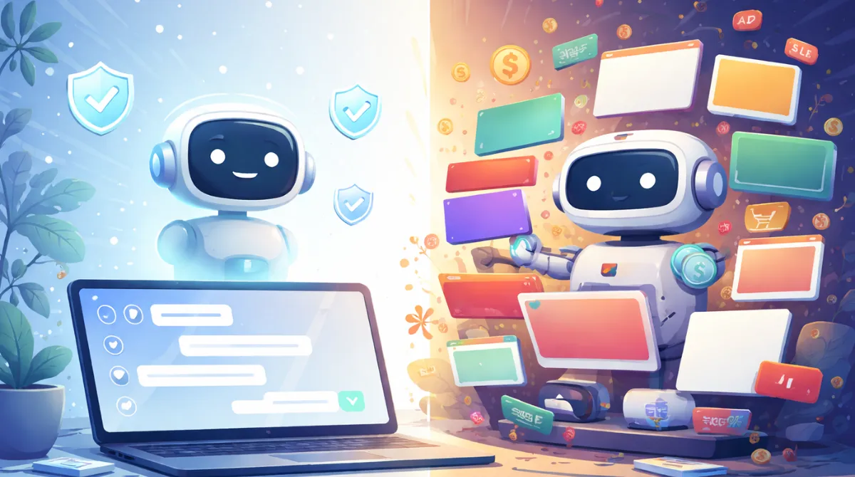 Split-screen illustration showing a calm, ad-free AI assistant environment contrasted with a busy, ad-heavy AI workspace, representing different AI monetization approaches
