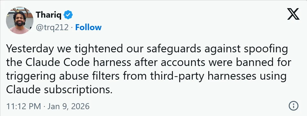 Anthropic staff member Thariq explains new safeguards to prevent spoofing of the Claude Code harness and abuse via third-party tools