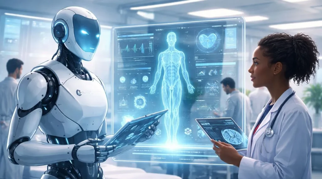AI system assisting doctors with holographic medical data inside a futuristic hospital setting, representing Anthropic’s Claude for Healthcare platform