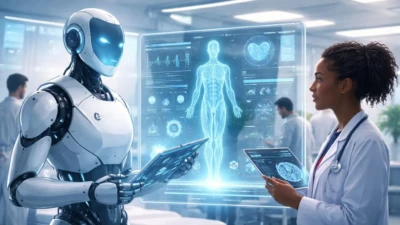 AI system assisting doctors with holographic medical data inside a futuristic hospital setting, representing Anthropic’s Claude for Healthcare platform
