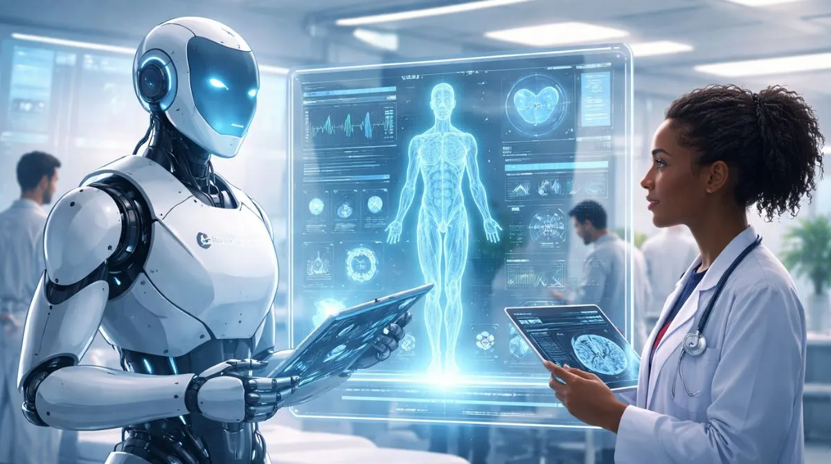 AI system assisting doctors with holographic medical data inside a futuristic hospital setting, representing Anthropic’s Claude for Healthcare platform