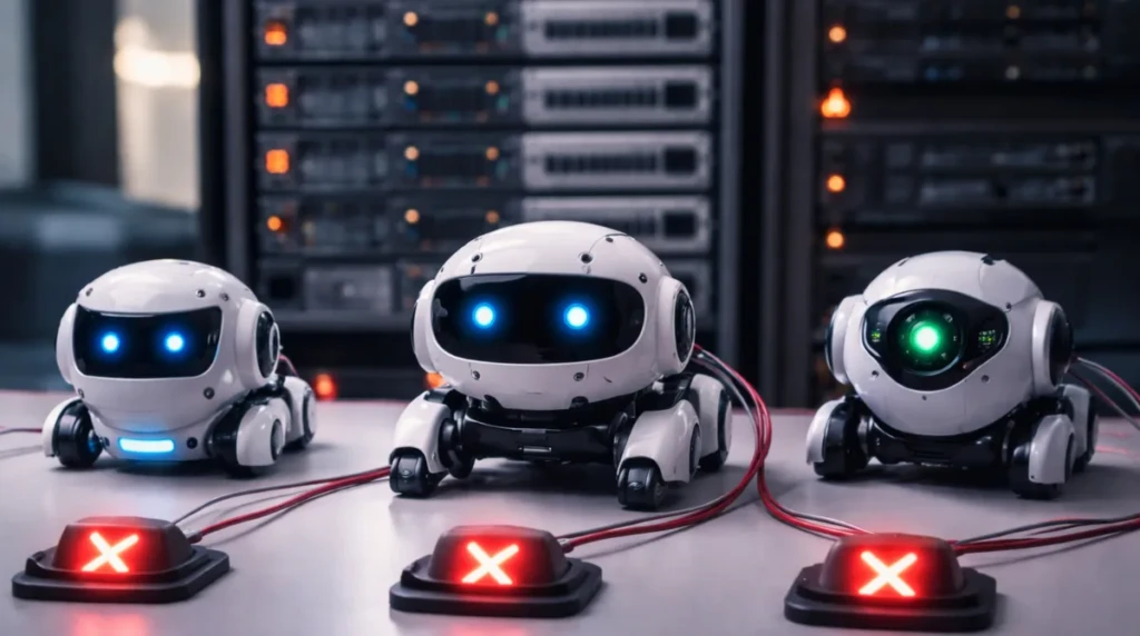 Three small web crawler robots connected to opt-out controls in a server room environment