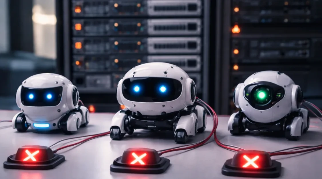 Three small web crawler robots connected to opt-out controls in a server room environment