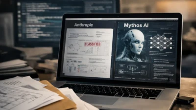 Open laptop displaying leaked AI planning documents in a newsroom-style workspace representing Anthropic Mythos model exposure