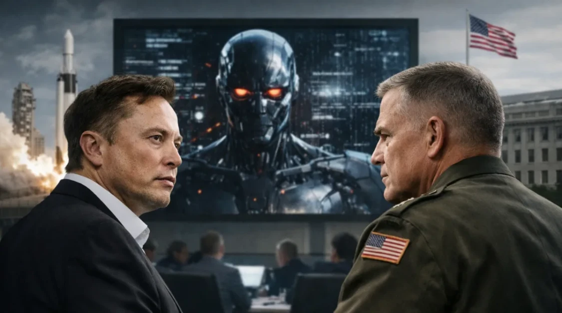 Elon Musk and a U.S. military official face off in a Pentagon setting as an AI figure appears on a large screen behind them