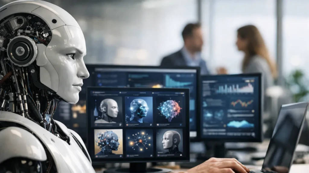 Humanoid robot beside screens showing AI tools and analytics in a modern office, illustrating enterprise AI strategy shifts.