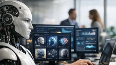 Humanoid robot beside screens showing AI tools and analytics in a modern office, illustrating enterprise AI strategy shifts.