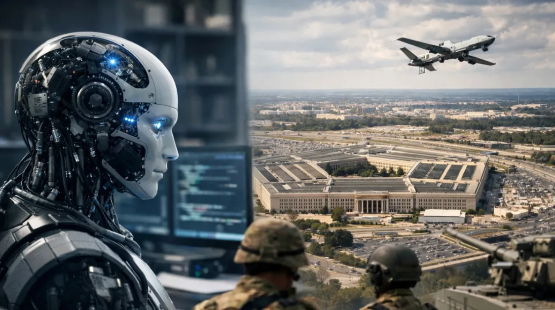 Composite image of advanced AI humanoid robot facing the Pentagon with soldiers and drone overhead