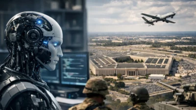 Composite image of advanced AI humanoid robot facing the Pentagon with soldiers and drone overhead