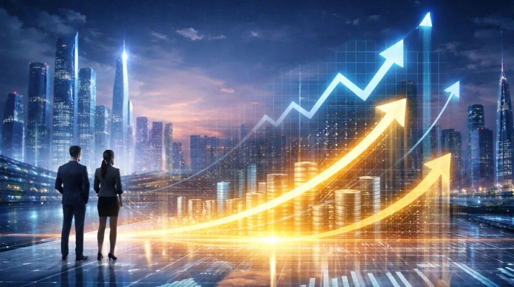 Futuristic business skyline with financial growth charts and investment visuals symbolizing Anthropic’s projected revenue growth and ongoing AI funding discussions
