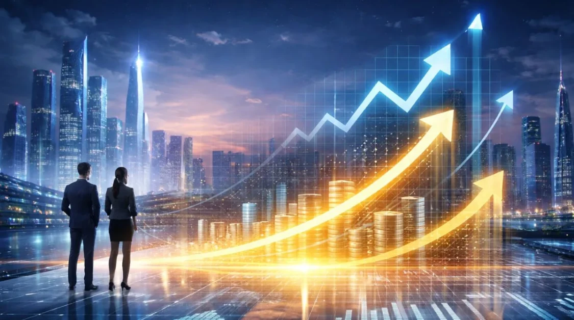 Futuristic business skyline with financial growth charts and investment visuals symbolizing Anthropic’s projected revenue growth and ongoing AI funding discussions
