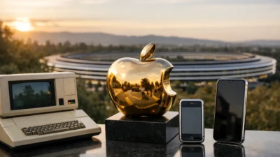 Apple 50th anniversery featured image showing classic and modern Apple devices with a symbolic continuity-themed editorial setup