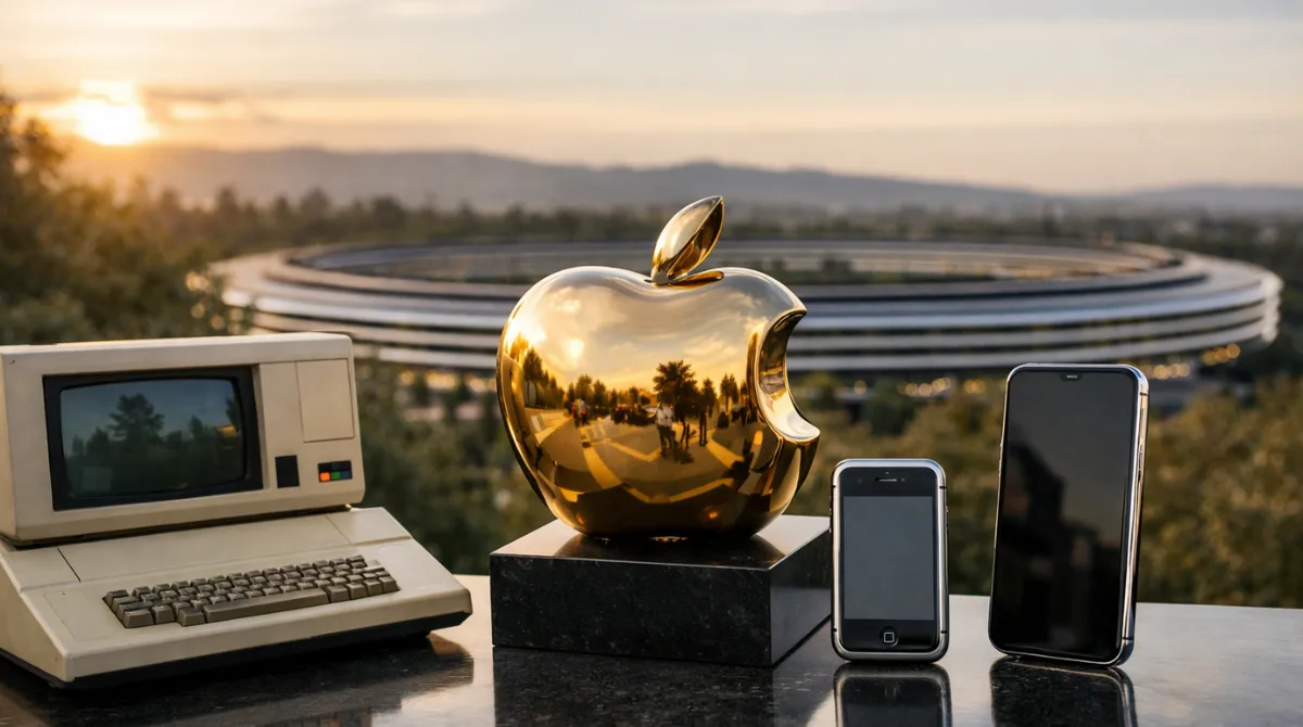 Apple 50th anniversery featured image showing classic and modern Apple devices with a symbolic continuity-themed editorial setup