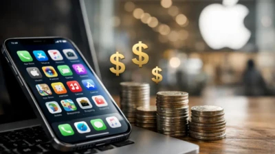 iPhone on laptop with stacked coins symbolizing app economy and AI monetization in a modern Apple retail environment