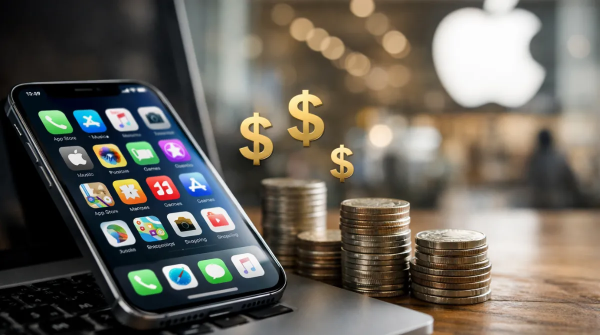 iPhone on laptop with stacked coins symbolizing app economy and AI monetization in a modern Apple retail environment