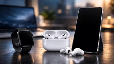 Apple AI wearables including smartwatch, wireless earbuds, and smartphone arranged on a modern desk setup