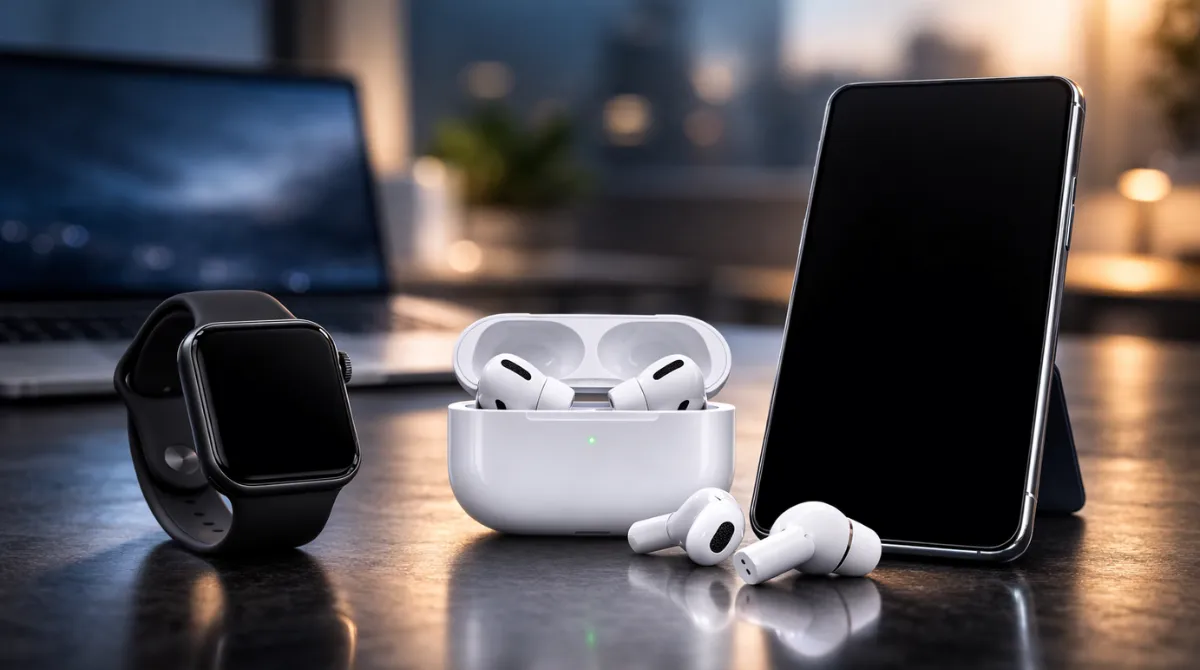 Apple AI wearables including smartwatch, wireless earbuds, and smartphone arranged on a modern desk setup