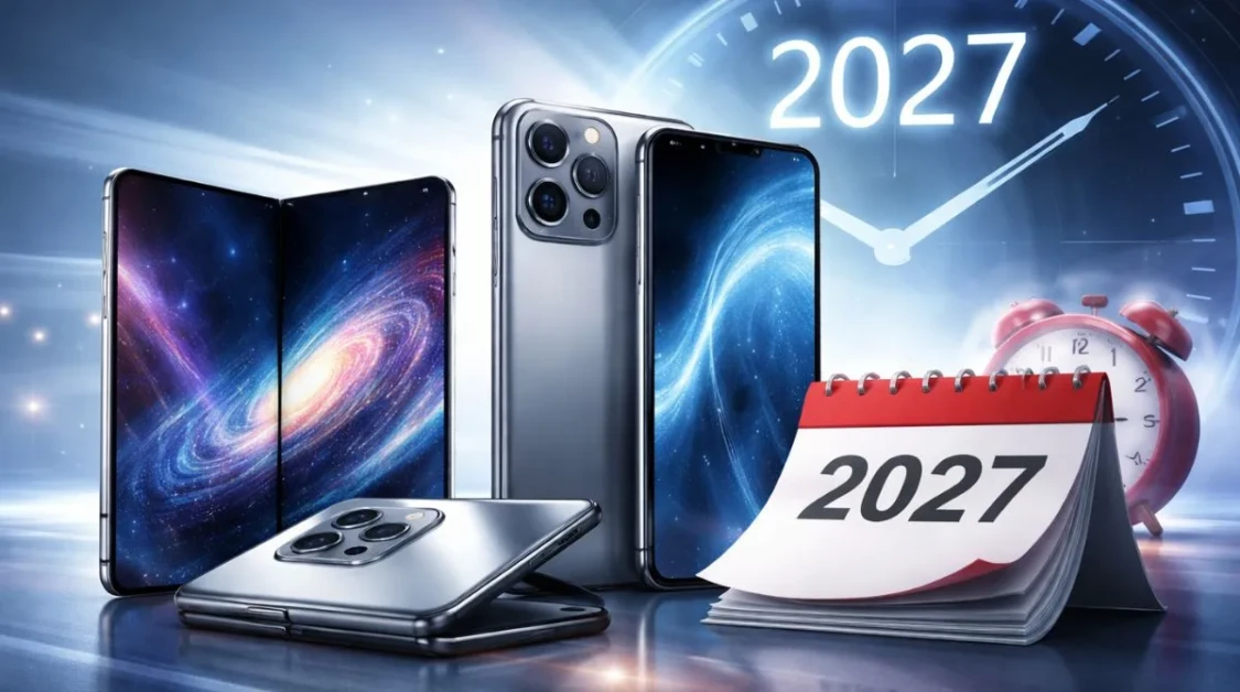 Concept image showing futuristic foldable and premium iPhone models with a visual reference to a 2027 release timeline