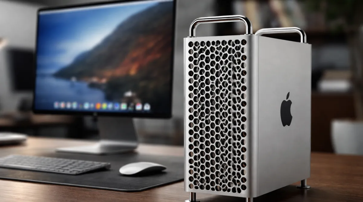 Silver Mac Pro desktop on a modern office desk beside a monitor, representing Apple ending the Mac Pro hardware line