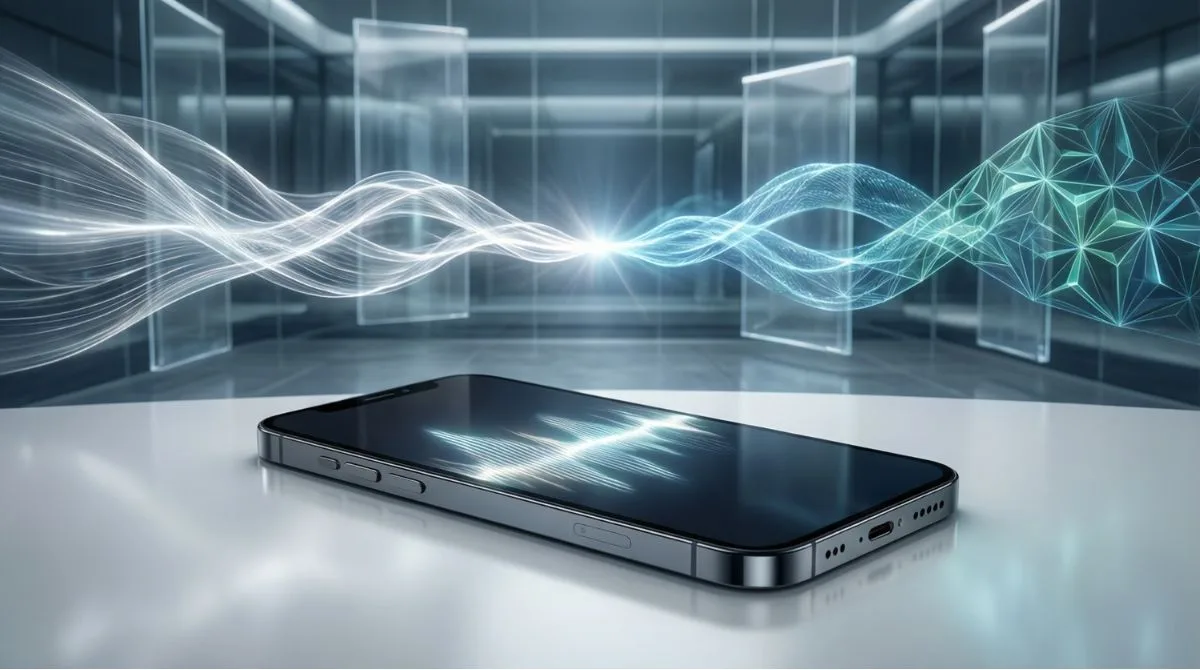 A modern smartphone displaying an AI waveform as abstract light streams merge, symbolizing Apple choosing Google Gemini to power AI-powered Siri