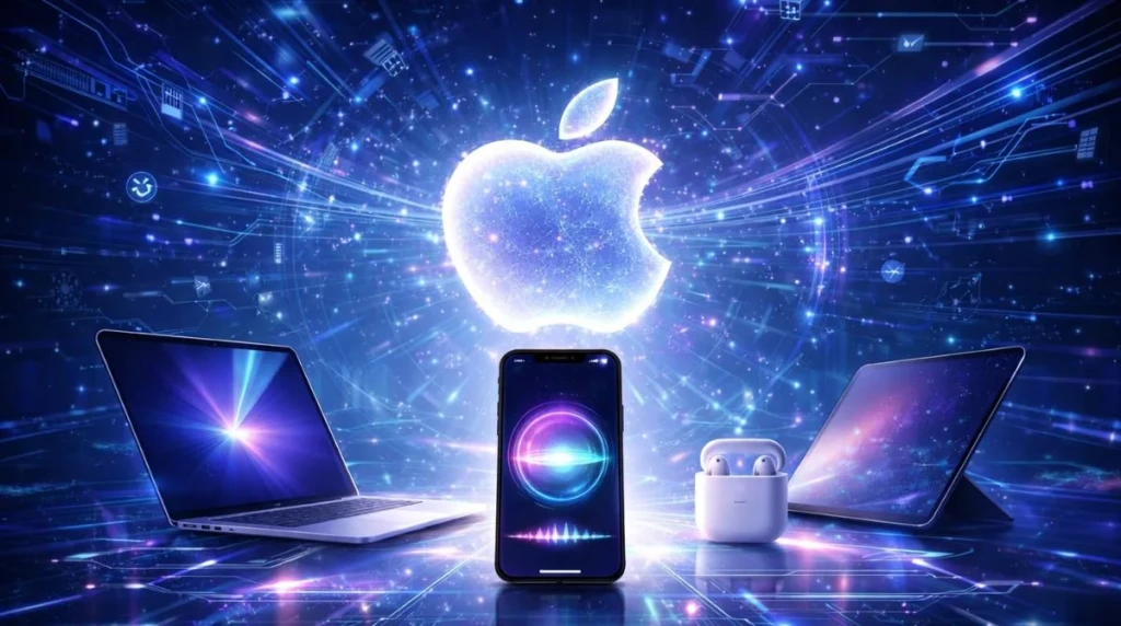 Futuristic illustration showing Apple Intelligence driving Siri and next-generation AI assistants across Apple devices