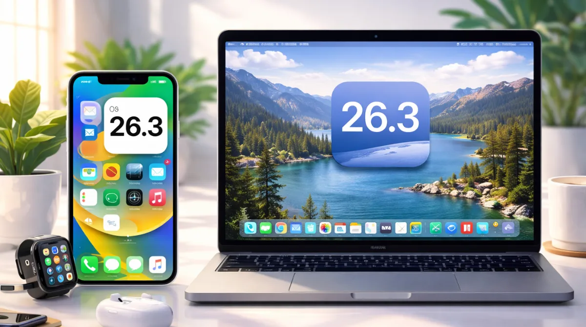 iPhone and MacBook displaying iOS 26.3 and macOS Tahoe 26.3 release candidate updates in a modern workspace setup