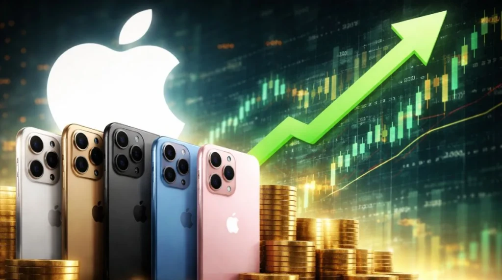 Apple iPhones displayed with rising financial chart and growth indicators representing strong iPhone demand and sales growth in Q1 2026
