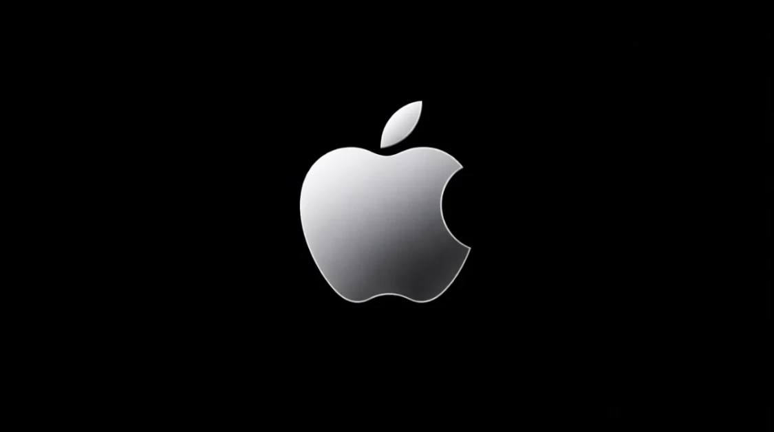 Metallic Apple-style logo centered on a black background in landscape format with a clean, minimal, modern look.