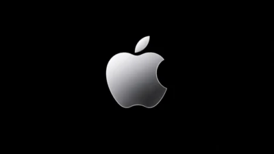 Metallic Apple-style logo centered on a black background in landscape format with a clean, minimal, modern look.