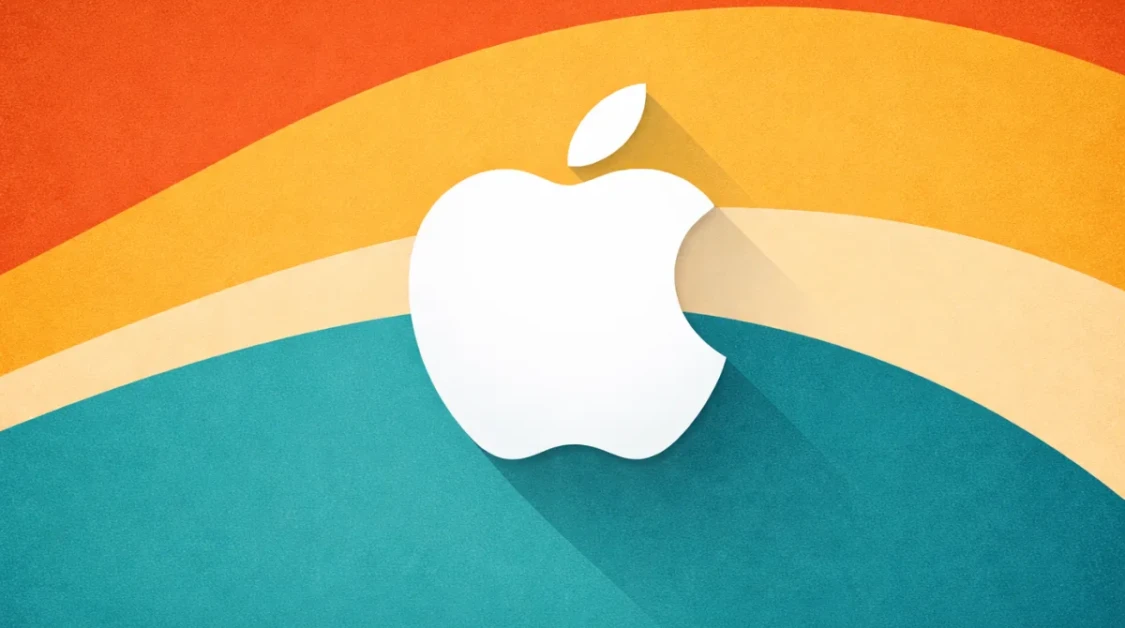 Apple logo centered on a modern three color background design with curved orange, yellow, and teal gradient shapes.