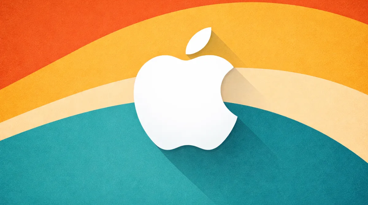 Apple logo centered on a modern three color background design with curved orange, yellow, and teal gradient shapes.