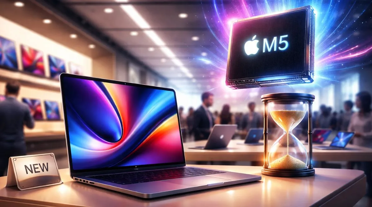 Apple MacBook Pro displayed in a retail store setting symbolizing changes to the buying experience and delayed M5 Pro models